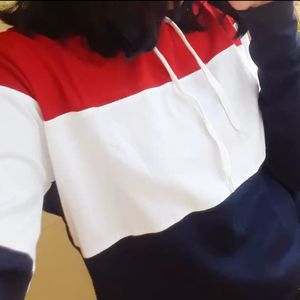 Women Color Block Hooded Neck Red, White Hoodie