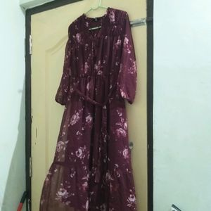 Wine Color Floral Print Long Dress