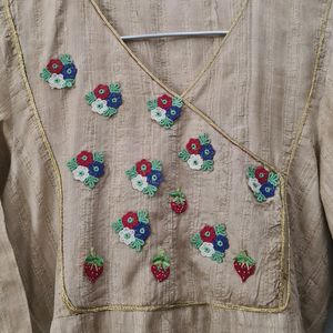 Beige Raw Silk Kurta with flowers strawberries