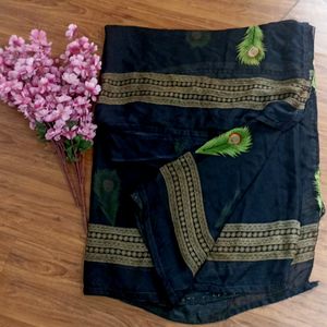 Black Colour Saree With Beautiful Peacock Print