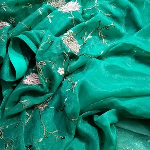 Sea Green Jimmy Choo Saree With Stitched Blouse