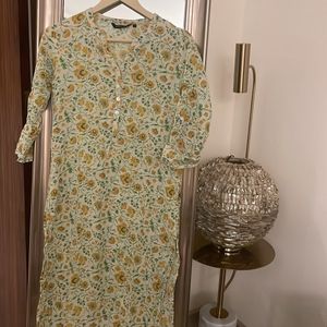 Melange Yellow And White Floral Cotton Kurta