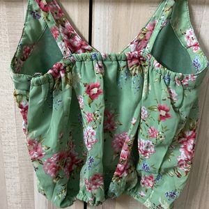 Green Floral Crop Top With Elastic