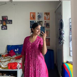 Pink Mirror Work Kurta