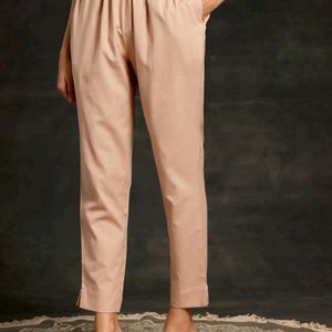 Libas Peach Solid Cotton Straight Fit Trouser