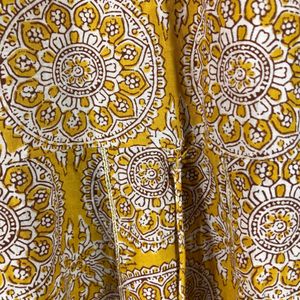 Mustard Yellow Printed Long Flared Kurta