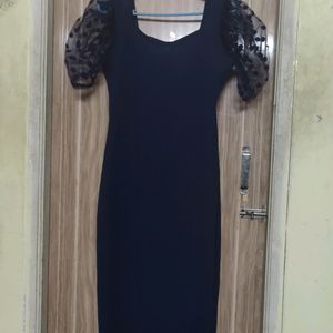 Knee Length Navy Blue Dress With Netted Sleeves