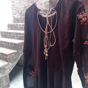 Brown Flared Embroidered Gown