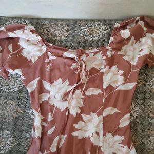 Brown & White Floral Tie-Up NeckA-Line Dress