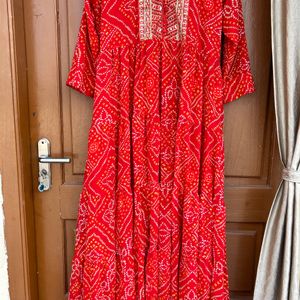 Red Bandhini Print Long Frock