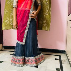 Beautiful Grey And Pink Net Lehenga Orni With Blou