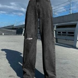 CHARCOAL RIPPED WIDE LEG- Korean Vintage Look