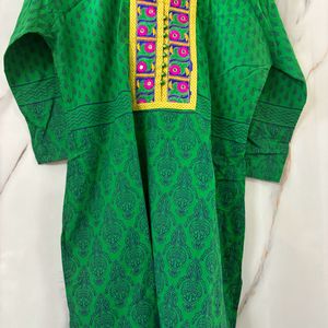 Bottle Green Kurti With Yellow Embroidery