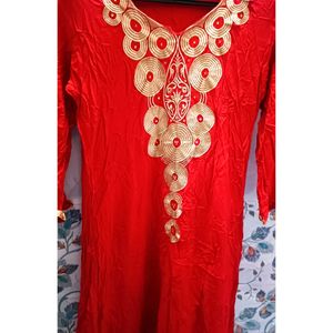 XL Size Red Long Cotton Anarkali Dress