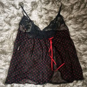 Black Net Cherry Red Detail Top