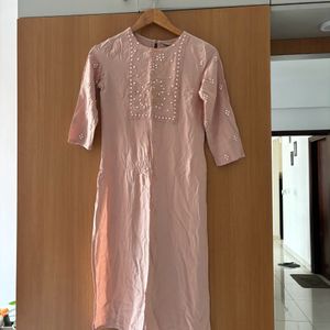 Peach Mirror-work Kurta with Trouser and Dupatta