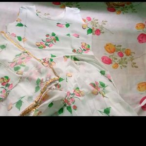 A Line Floral Print Kurta With Dupatta New