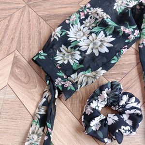 Black Top Flower Printed With Matching Scrunchie