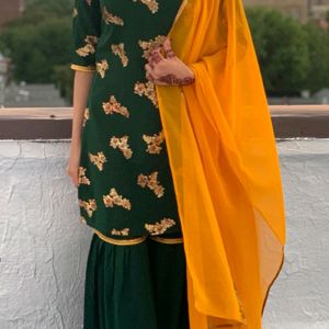 Gold Print Dark Green Sharara Set