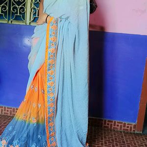 Orange And Silver Colour Saree