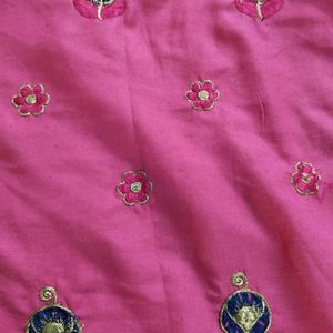 Pink Kurta With Blue Embroidery Work