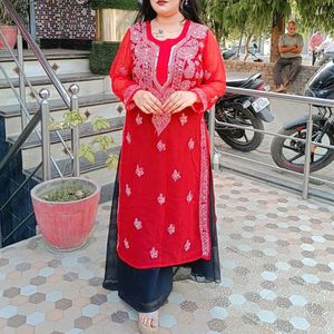 Red Mirror Work Chikankari Kurti