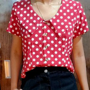 Front Button Polka Dot Frill Trim Blouse