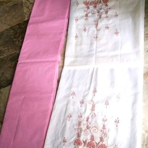 3 piece cotton embroidery pink&white suit(unstitcd