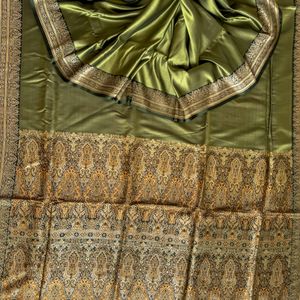 100% Pure Mehendi Green Mulberry Saree