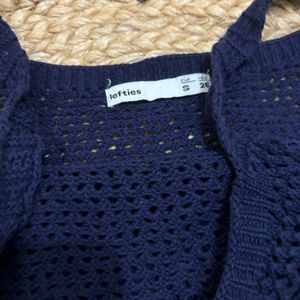 Navy Blue Cable Knit Self Design Crop Pullover Top