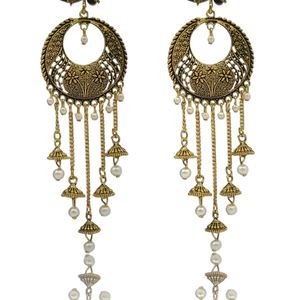 Brass Tone Oxidised Jhumki Earrings with Pearl Bea