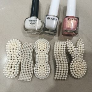 combo of 3 nail paint and 5 pearl hairclips