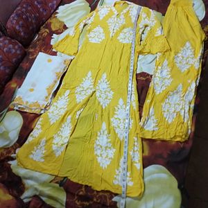 Front Cut Yellow Kurta Palazzo With Dupatta