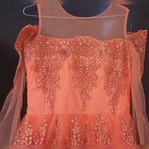 Orange Offshoulder Net Ethnic Gown