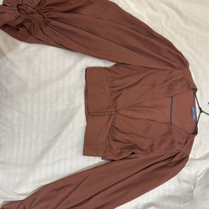 Brown Crop Top With Bell Sleeves