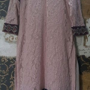 schiffli fabric pink embroidered kurti with lining