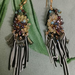 Black and White Earrings With Multi-coloured stone