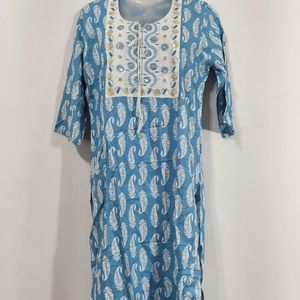 Blue Printed Kurti Set Pure Cotton Palazzo White