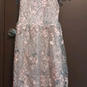 Beautiful Grey N Pink Floral Net Frock