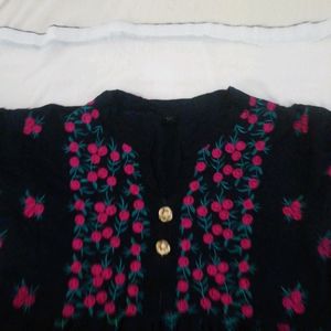 Blue Cotton Embroidered Flared Kurta