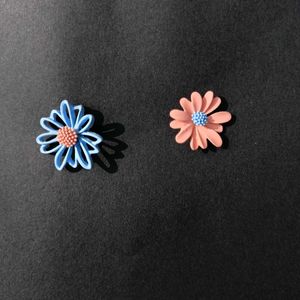 Korean Blue & Orange Floral Studs Earrings