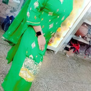 Green Silk Plazzo Kameez Set With Dupatta