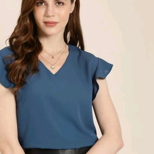 Teal Blue V-Neck Top With Flutter Sleeves