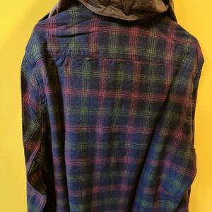 Wrogn Navy Blue Hooded Checked Casual Shirt