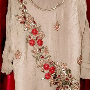 Khaki Hand Embroidery Kurti With Beige Sharara