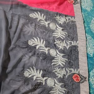 Pink And Grey Embroidered Saree(  Without Blouse P