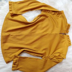 ribbed mustard crop top with ruffle detailing