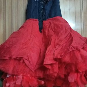 Red And Dark Blue Combination Frill Frock