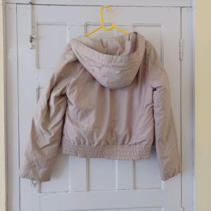 Light Pink Puffed Crop Zipper Hoodie Jackect