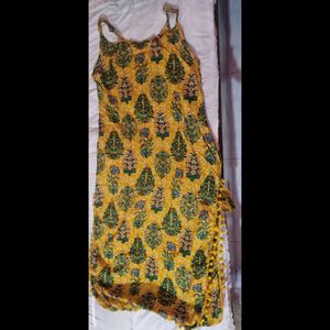 Cotton Mustard Yellow and Green Printed Kurta